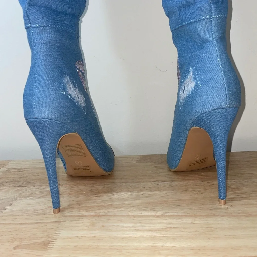 Cape Robbin Distressed Denim Rhinestone Thigh High Stiletto Boots Size‎ 7 NIB